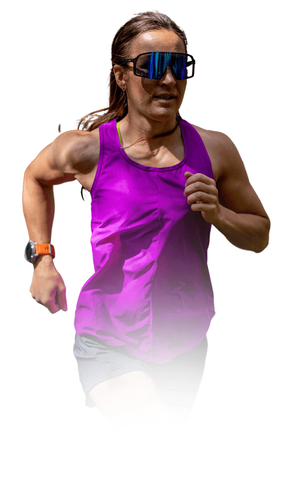 Coach Fanny running, wearing sports glasses and purple sports top